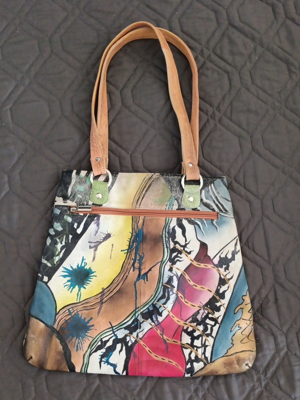 Multicolor Abstract Print Shoulder Bag with Tan Straps